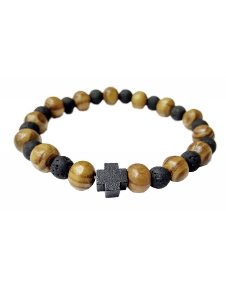 Wooden bracelet with a cross and black lava beads