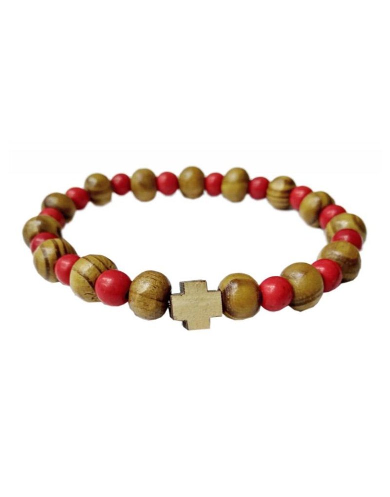 Wooden Bracelet with Cross and Red Beads