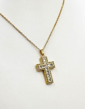 Σταυρός ατσάλινος χρυσός με διαμαντάκια και αλυσίδα