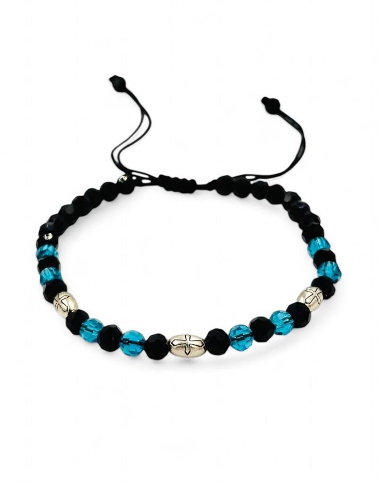 Bracelet macrame with black and light blue beads