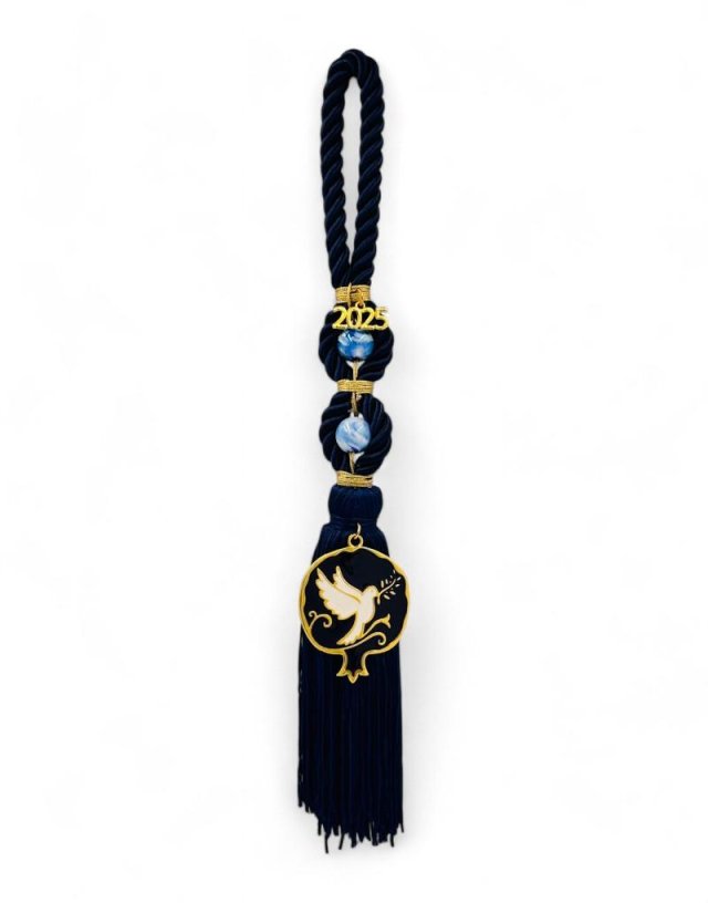Blue 2025 Good Luck Charm with Pigeon and Pearl Beads - 34cm
