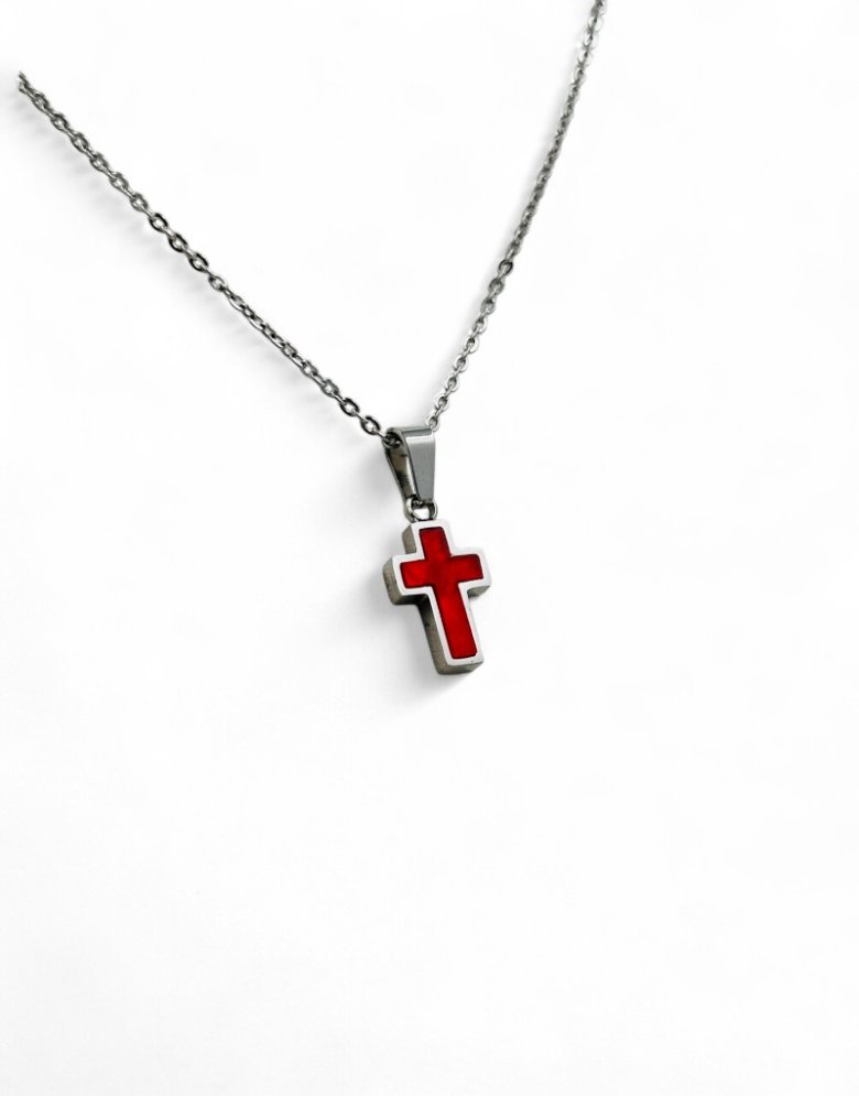 Stainless Steel Cross necklace silver With Red Motif