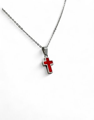 Stainless Steel Cross necklace silver With Red Motif