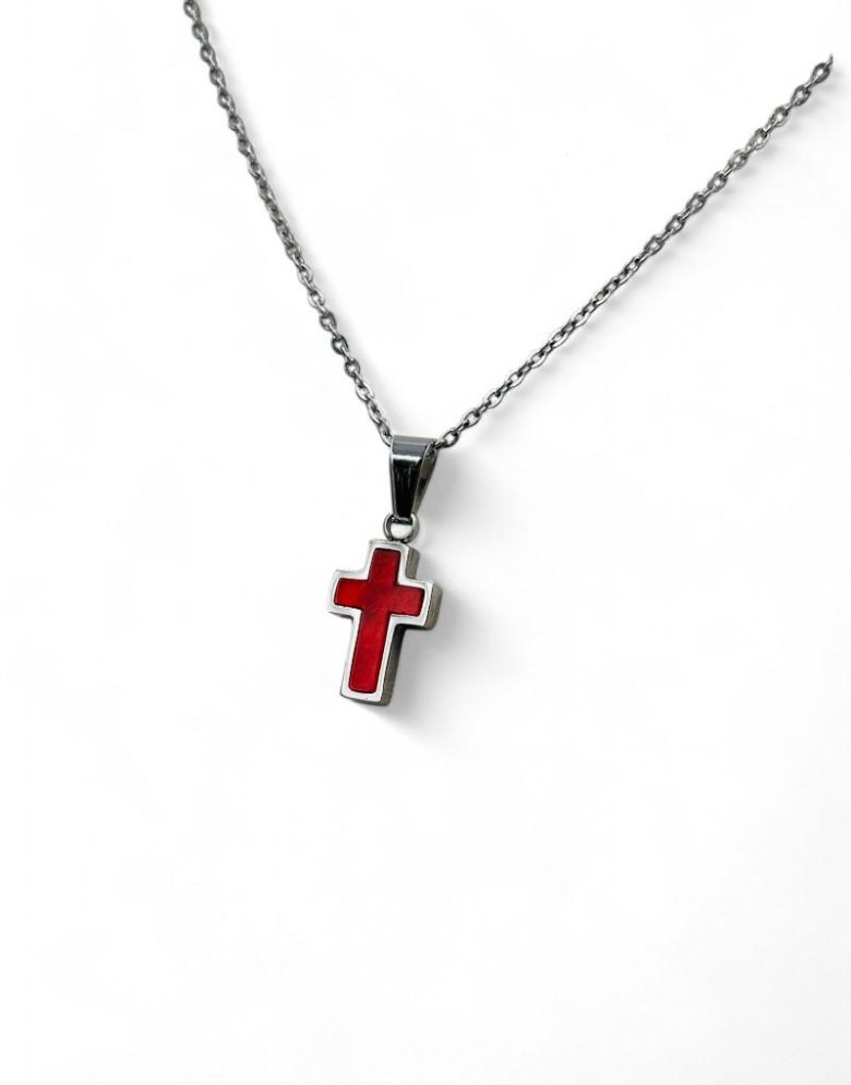 Stainless Steel Cross necklace silver With Red Motif