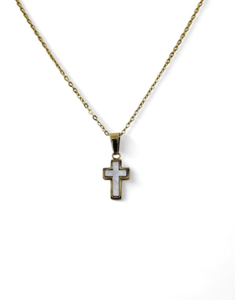 Stainless Steel Cross necklace gold with mother of pearl
