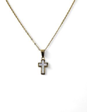 Stainless Steel Cross necklace gold with mother of pearl