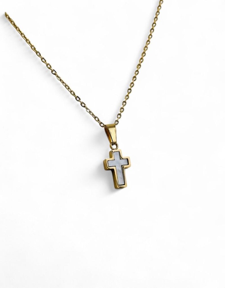 Stainless Steel Cross necklace gold with mother of pearl