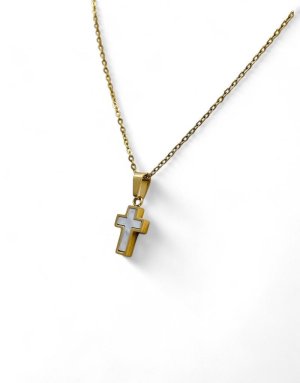 Stainless Steel Cross necklace gold with mother of pearl