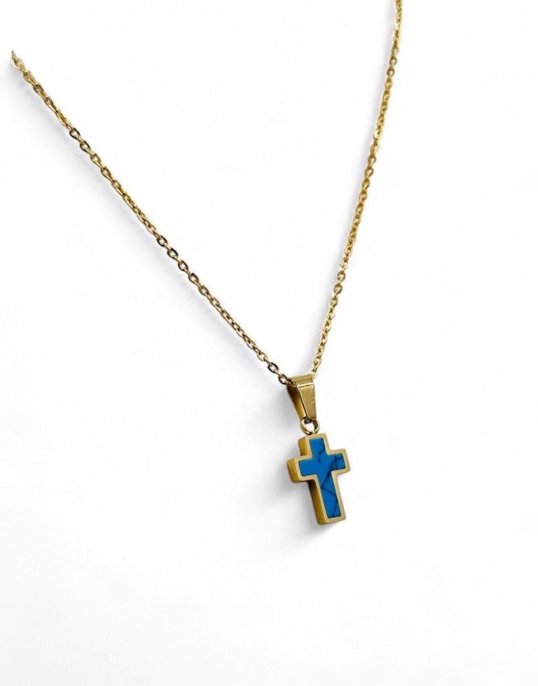 Stainless Steel Cross necklace gold with blue Motif