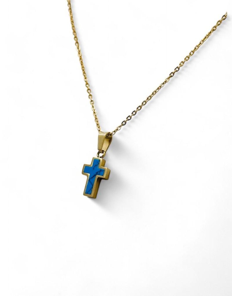 Stainless Steel Cross necklace gold with blue Motif
