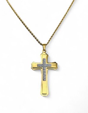 Stainless Steel Cross necklace gold with strass 5*3 cm