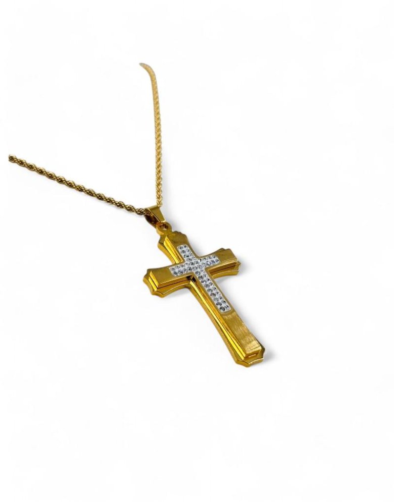 Stainless Steel Cross necklace gold with strass 5*3 cm