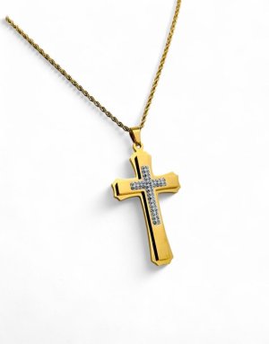 Stainless Steel Cross necklace gold with strass 5*3 cm
