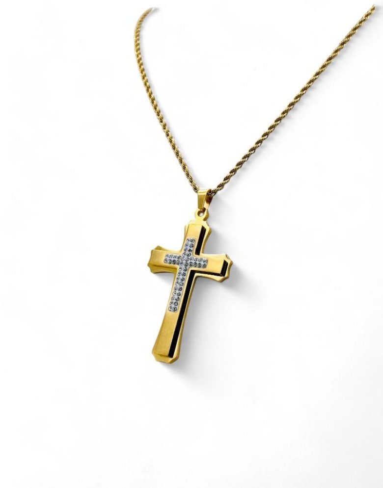 Stainless Steel Cross necklace gold with strass 5*3 cm