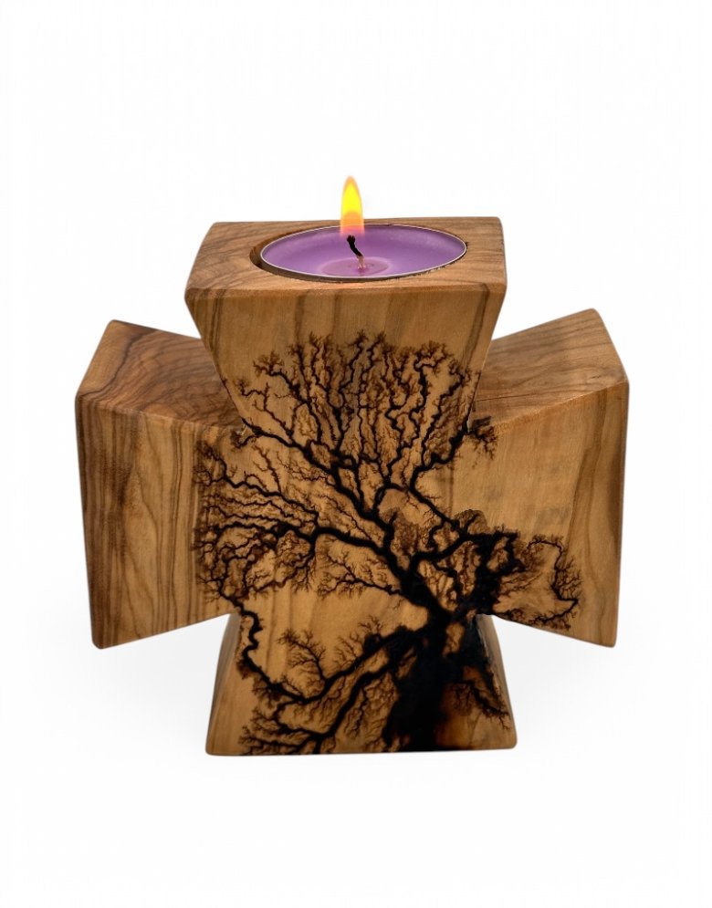 Handmade Cross Tealight Candle Holder from Olive Wood 10*9,5cm | Pyrography with electricity