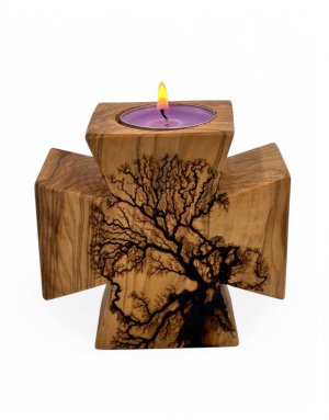 Handmade Cross Tealight Candle Holder from Olive Wood 10*9,5cm | Pyrography with electricity