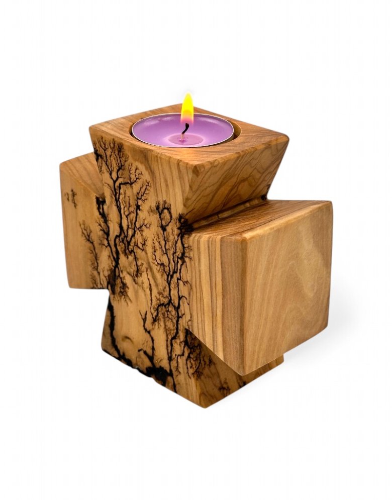 Handmade Cross Tealight Candle Holder from Olive Wood 10*9,5cm | Pyrography with electricity