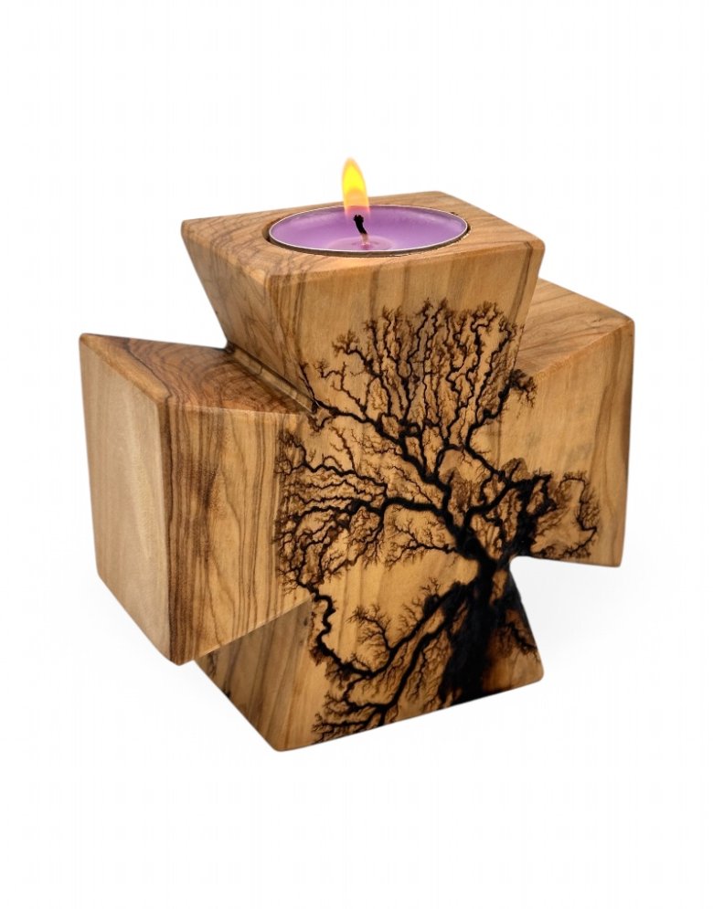 Handmade Cross Tealight Candle Holder from Olive Wood 10*9,5cm | Pyrography with electricity