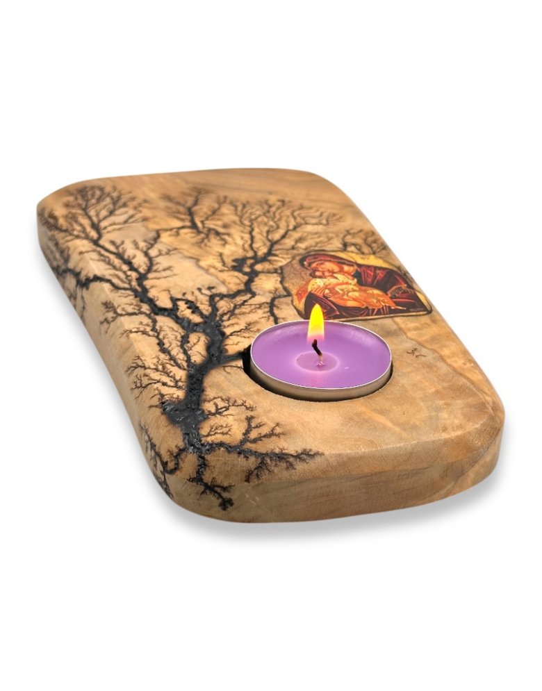 Handmade Tealight Candle Holder from Olive Wood 10*20cm | Pyrography with electricity