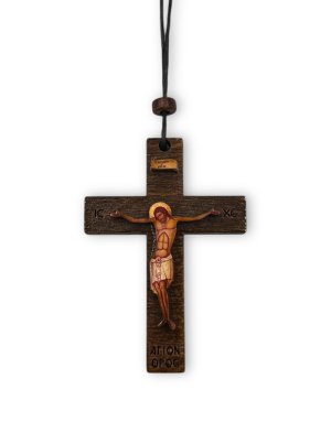 Athonite Wooden Hanging Car Cross Amulet | "Mount Athos" Engraving