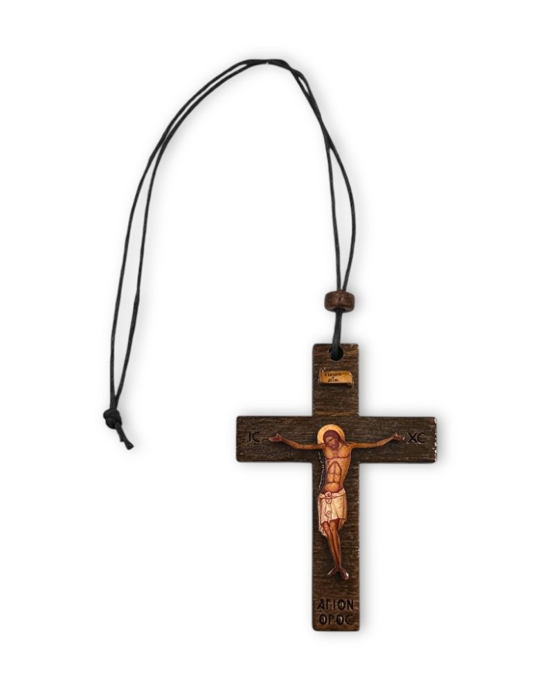 Athonite Wooden Hanging Car Cross Amulet | "Mount Athos" Engraving