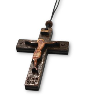 Athonite Wooden Hanging Car Cross Amulet | "Mount Athos" Engraving