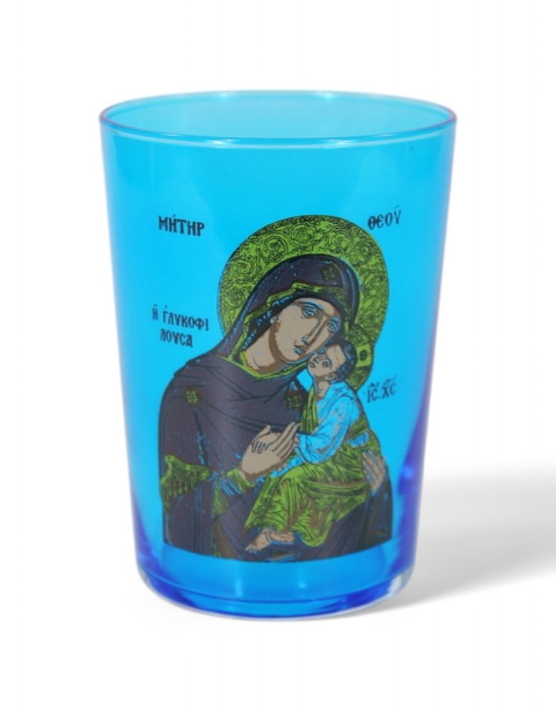 Table Glass Oil Lamp blue with Virgin Mary 500ml – Handmade Greek