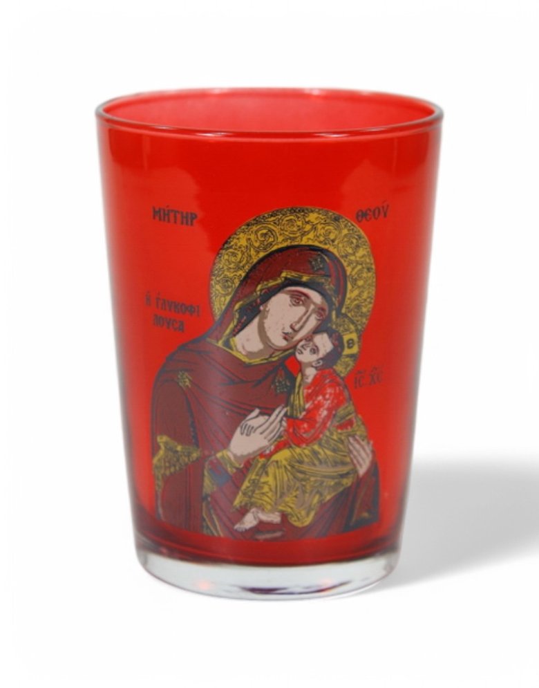 Table Glass Oil Lamp red with Virgin Mary 500ml – Handmade Greek