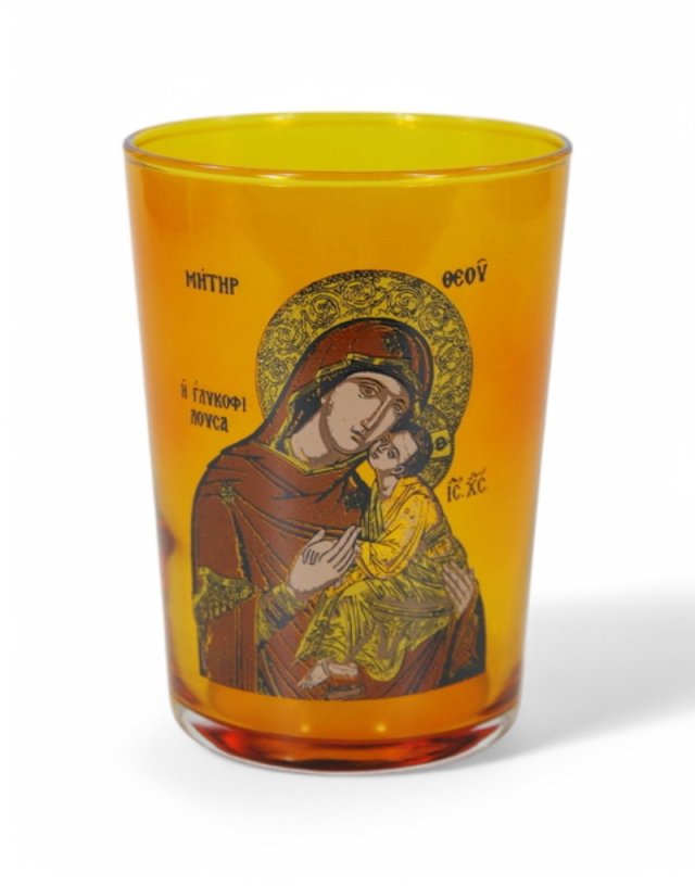 Table Glass Oil Lamp amber with Virgin Mary 500ml – Handmade Greek