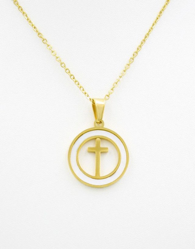 Neck cross Steel gold plated in a circle decorated with mother of pearl
